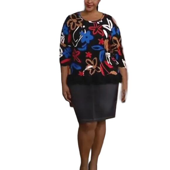 LOGO by LORI GOLDSTEIN Women's Printed Oversized Drop Shoulder Top Black Floral - Picture 1 of 11